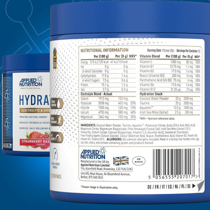 Applied Nutrition Hydration+ Powder 240g | Electrolytes, Vitamins & Coconut Water | 30 Servings | 4 Flavours