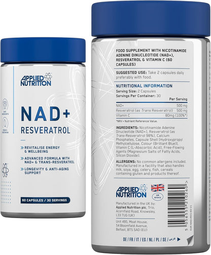 Applied Nutrition NAD+ Resveratrol 60 Capsules | 500mg NAD+ & 500mg Trans-Resveratrol | 30 Servings | Vegan