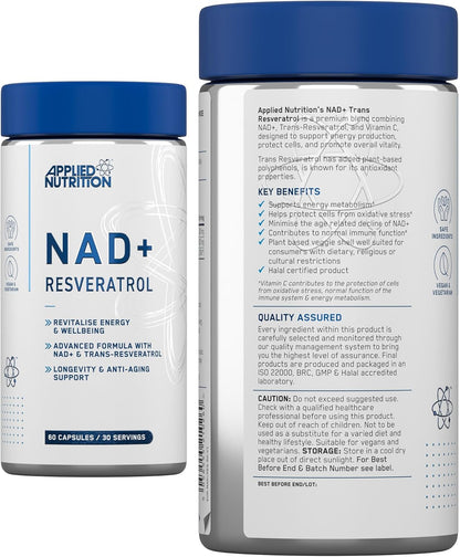 Applied Nutrition NAD+ Resveratrol 60 Capsules | 500mg NAD+ & 500mg Trans-Resveratrol | 30 Servings | Vegan