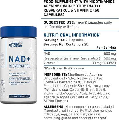 Applied Nutrition NAD+ Resveratrol 60 Capsules | 500mg NAD+ & 500mg Trans-Resveratrol | 30 Servings | Vegan