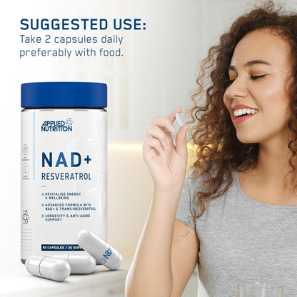 Applied Nutrition NAD+ Resveratrol 60 Capsules | 500mg NAD+ & 500mg Trans-Resveratrol | 30 Servings | Vegan