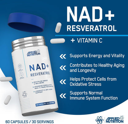 Applied Nutrition NAD+ Resveratrol 60 Capsules | 500mg NAD+ & 500mg Trans-Resveratrol | 30 Servings | Vegan