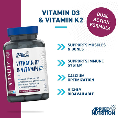 Applied Nutrition Vitamin D3 & K2 60 Capsules | 4,000 IU D3 | 30 Servings | Halal | Vegetarian