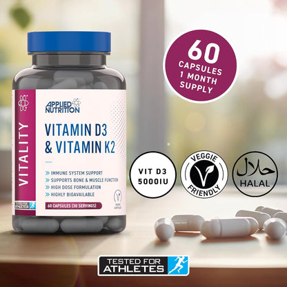 Applied Nutrition Vitamin D3 & K2 60 Capsules | 4,000 IU D3 | 30 Servings | Halal | Vegetarian