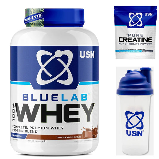 USN Blue Lab Whey Protein Powder 2kg + USN Creatine 100g bag & USN 500ml Shaker
