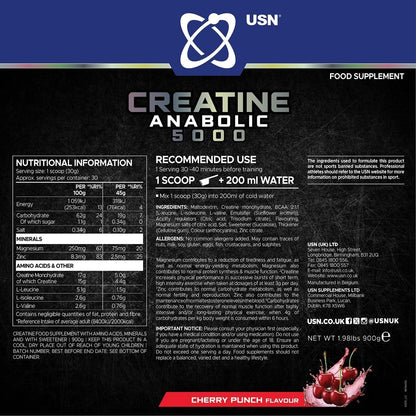 USN Creatine Anabolic 5000 | 900g | Creatine + BCAA + Carbs | 5 Flavours