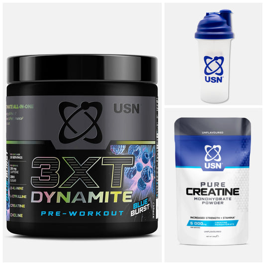 USN 3XT Dynamite Pre-Workout 375g + USN creatine 100g & shaker  | Creatine, Citrulline & Caffeine