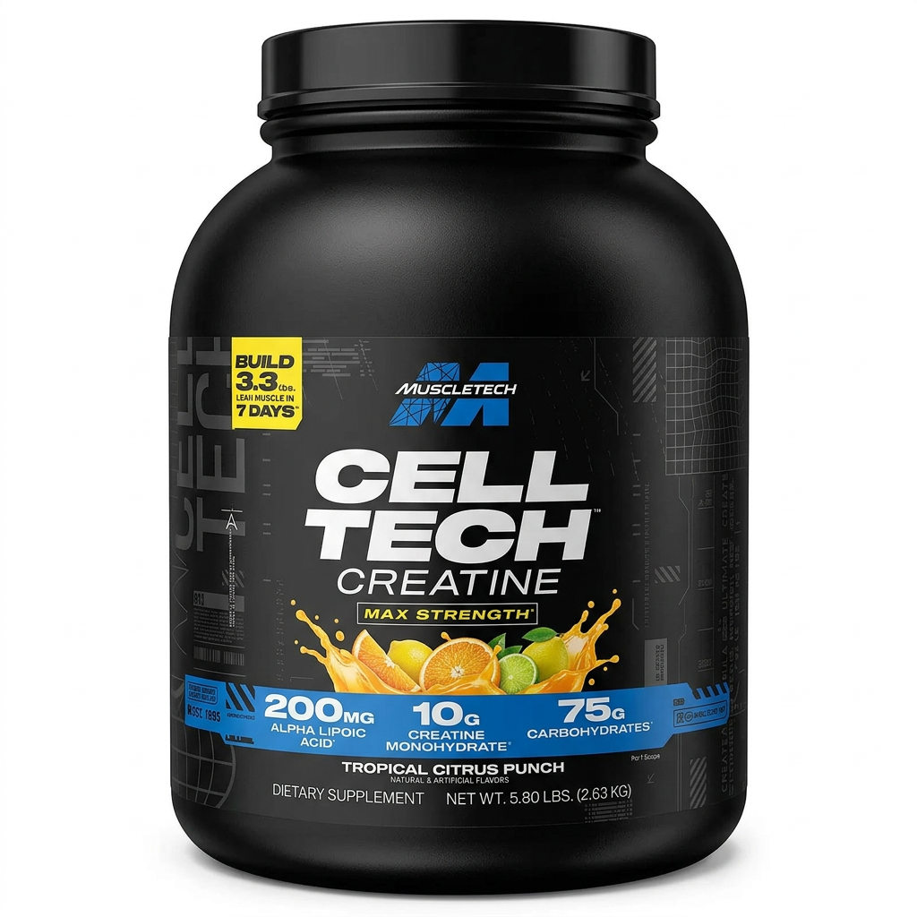 MuscleTech Cell-Tech Creatine 2.63kg Tropical Citrus Punch tub, 3D studio render