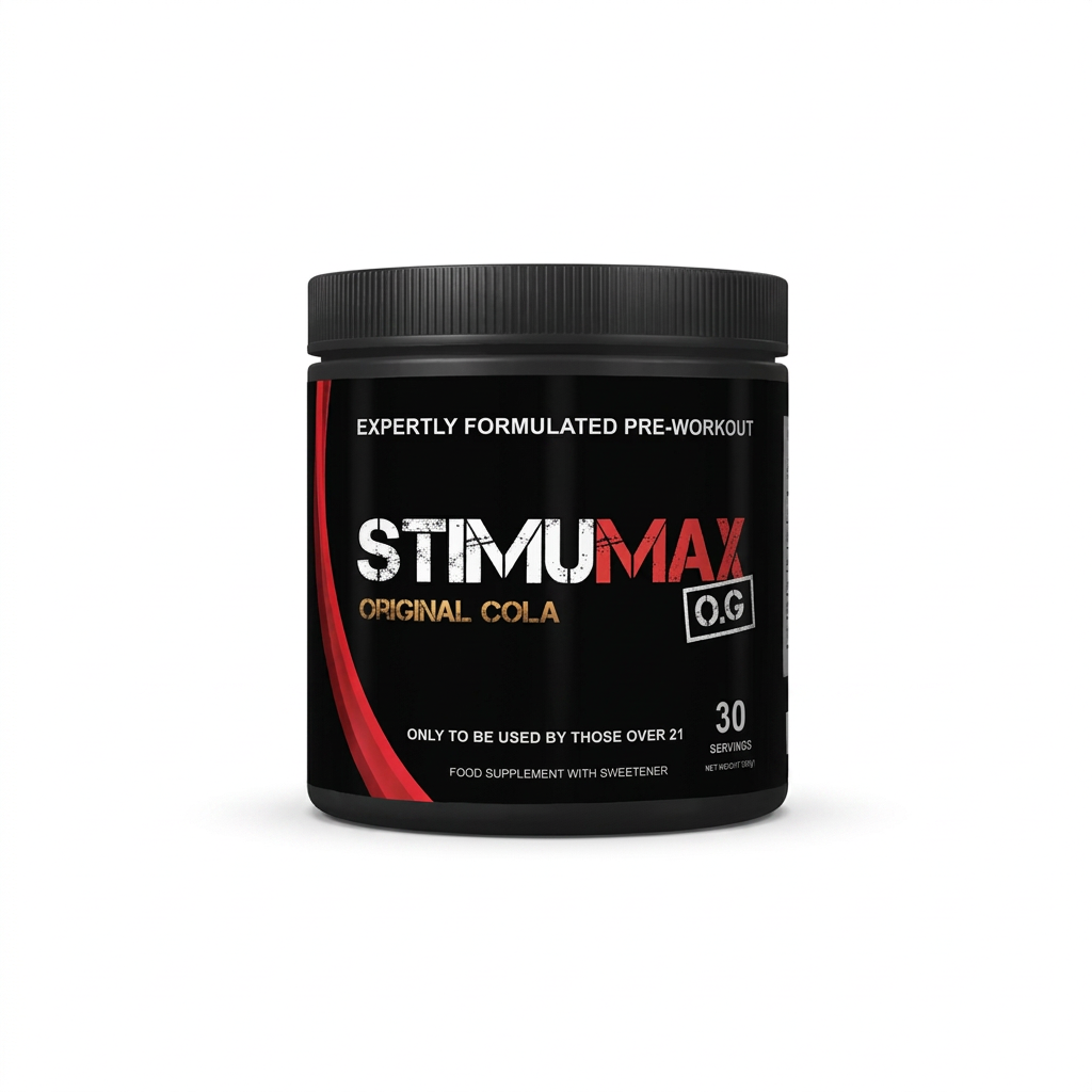 Strom Sports StimuMax OG Original Cola pre-workout tub on a white background