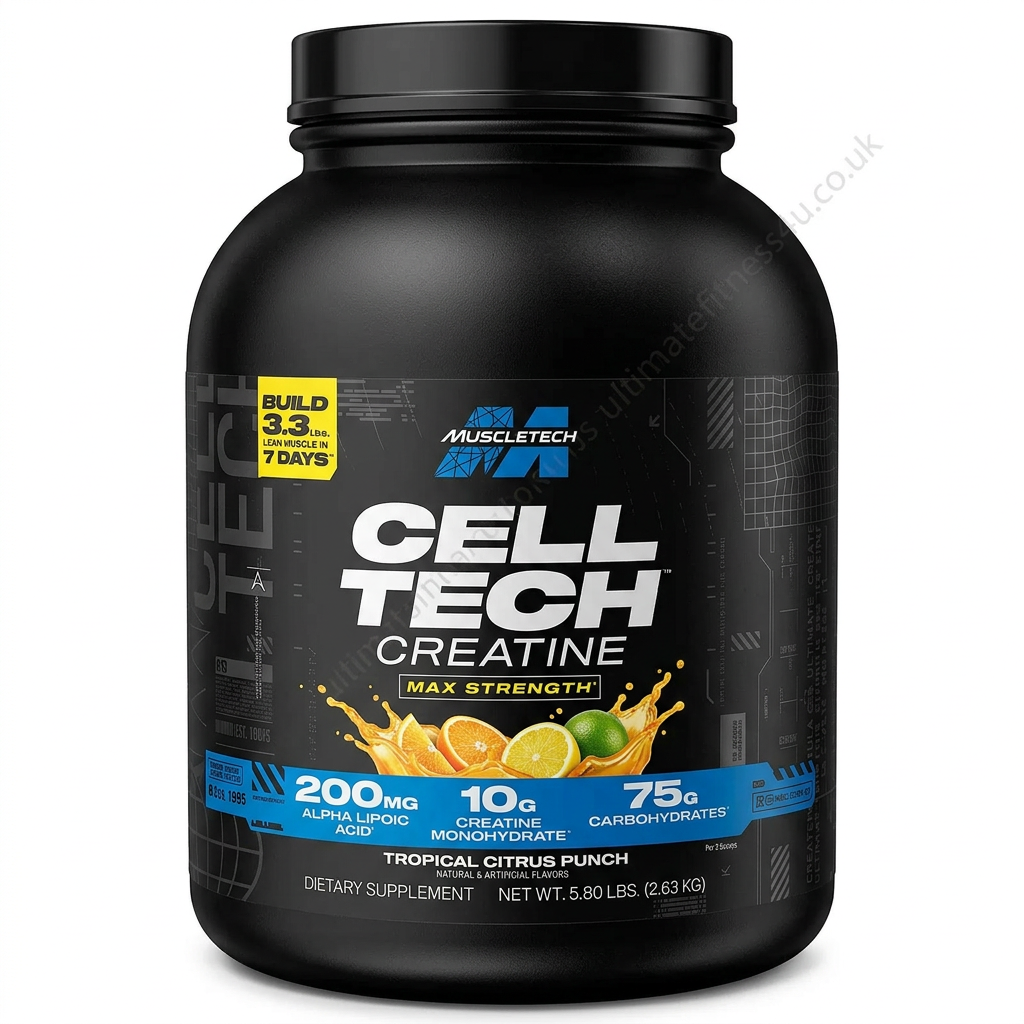 MuscleTech Cell-Tech Creatine 2.63kg Tropical Citrus Punch tub, 3D studio render with ultimatefitness4u.co.uk watermark