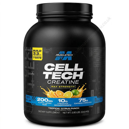 MuscleTech Cell-Tech Creatine 2.63kg Tropical Citrus Punch tub, 3D studio render with ultimatefitness4u.co.uk watermark