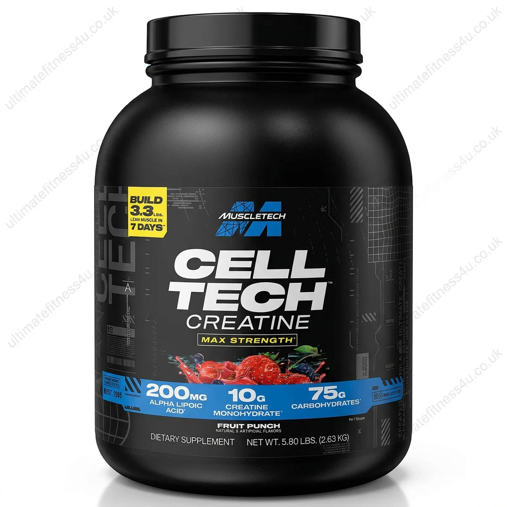 MuscleTech Cell-Tech Creatine 2.63kg Fruit Punch tub, 3D studio render with ultimatefitness4u.co.uk watermark