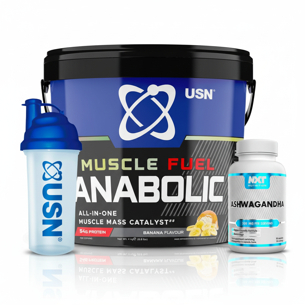 USN Muscle Fuel Anabolic 4kg + NXT Ashwagandha 500mg + USN 700ml Shaker (Blue)