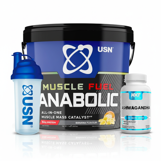 USN Muscle Fuel Anabolic 4kg + NXT Ashwagandha 500mg + USN 700ml Shaker (Blue)